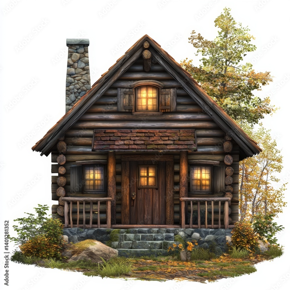 Cozy wooden cabin surrounded by trees and rocks, ideal for autumn-themed illustrations and nature-inspired designs Cozy wooden cabin surrounded by trees and rocks, ideal for autumn-themed illustrations and nature-inspired designs