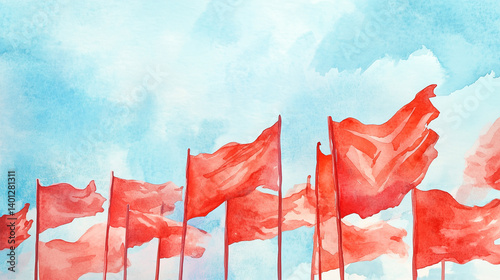 Red flags waving in watercolor style against blue sky background