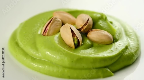 Whole pistachios resting on smooth green pistachio cream. Close-up of fresh, creamy dessert texture with natural nuts in elegant food presentation.
