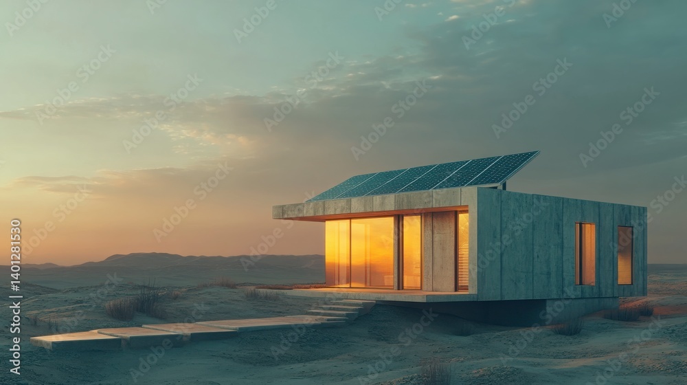Modern Desert House at Sunset Concrete Architecture with Solar Panels Modern Desert House at Sunset Concrete Architecture with Solar Panels