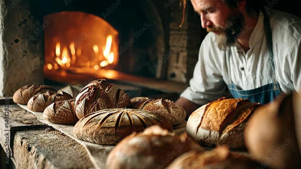 Man slicing pumpkin bread near a cozy fireplace, evoking autumn warmth and comfort in a rustic home setting.
