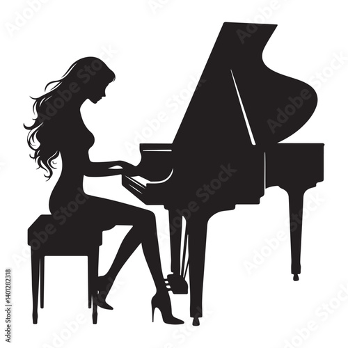 Silhouette of Elegant Woman Playing Grand Piano Artistic Musical Illustration