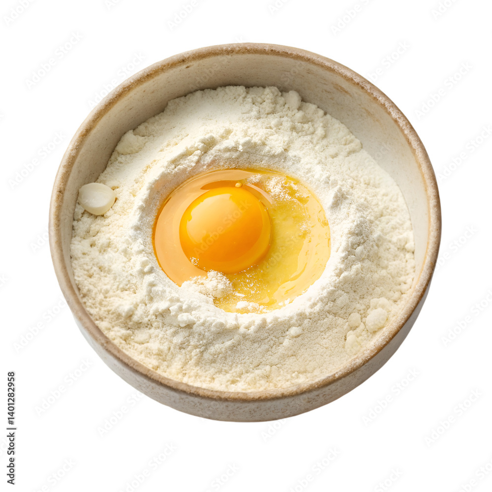 Bowl with flour and egg yolk isolated on white background. Bowl with flour and egg yolk isolated on white background.