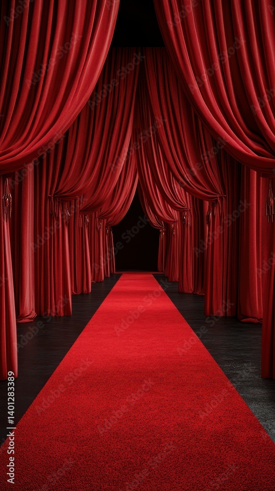 Fototapeta premium Elegant red curtains frame a luxurious red carpet leading to a darkened entrance in a grand venue