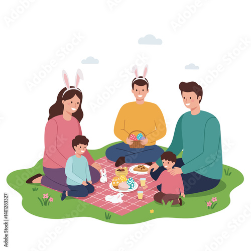 Family enjoying a festive picnic with colorful decorations in flat vector art