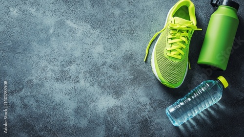 A bottle of water and a pair of yellow running shoes are on a grey surface