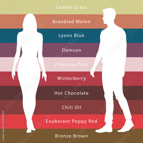 Pantone color palette 2025 with trend color names – Lemon Grass, Brandied Melon, Lyons Blue, Damson, Primrose Pink, Winterberry, Hot Chocolate, Chili Oil, Poppy Red, Bronze Brown