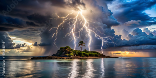 Lightning striking the ocean near a secluded island