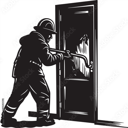 Firefighter breaking down a door with crowbar, silhouetted Vector
