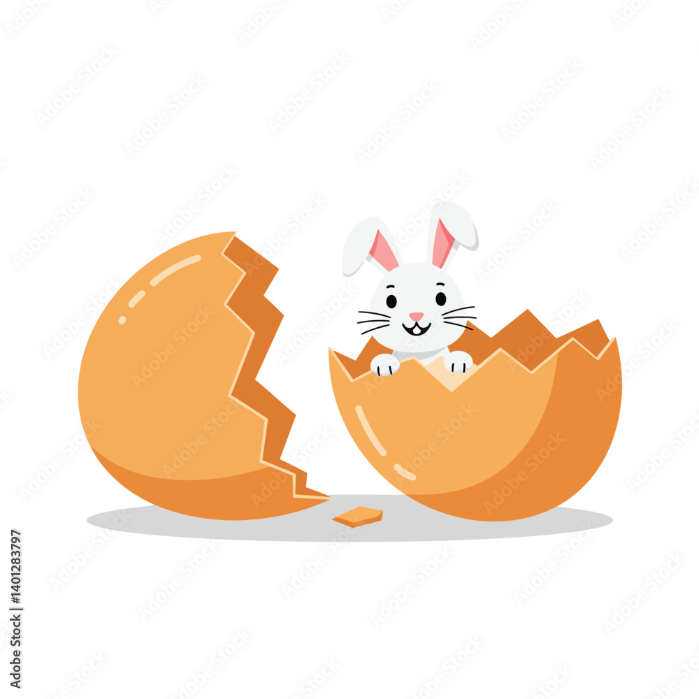 Fototapeta premium Cute rabbit emerging from cracked egg in flat vector illustration