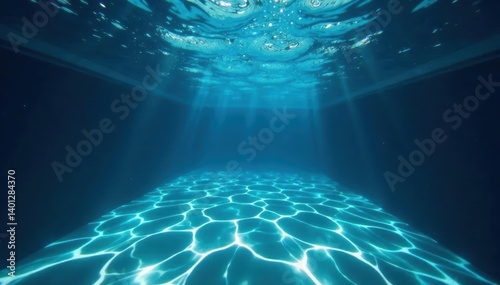 Dark blue ripped pool, underwater view, water surface, image, tear