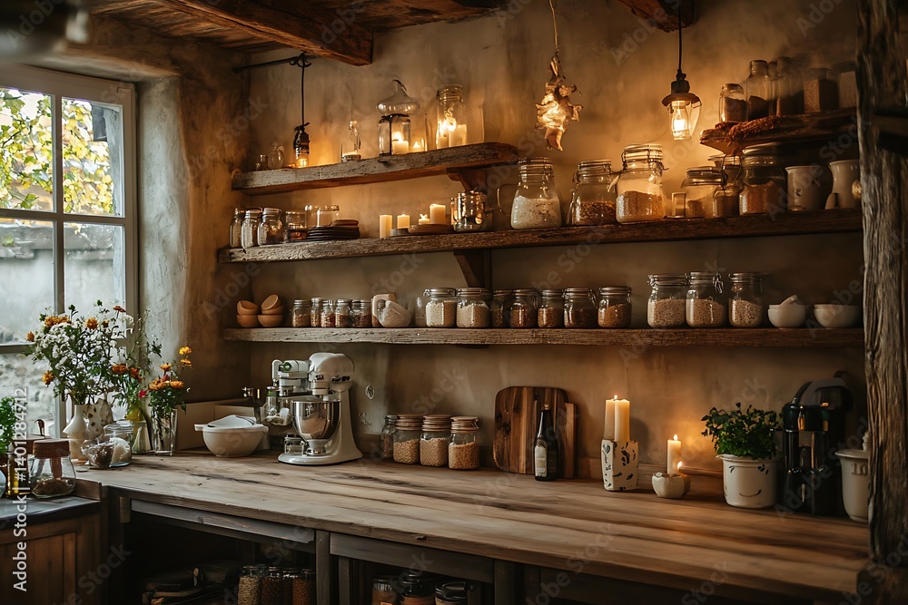 Fototapeta premium Rustic Farmhouse Kitchen with Wooden Shelves and Vintage Decor