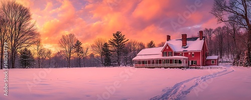 Vibrant panorama New England's winter sunrise over Weir Farm National Historical Park, Connecticut