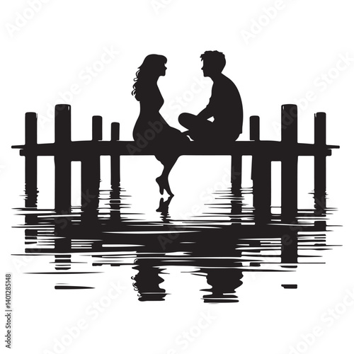 Serene Couple Silhouette Illustration Sitting on Dock at Waterfront