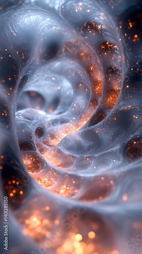 A spiraling vortex of liquid light cascading into infinity, intricate fractal patterns interw