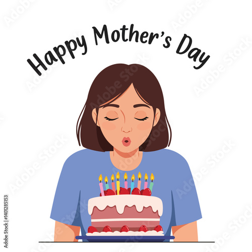 Woman blowing out candles on birthday cake in flat vector art