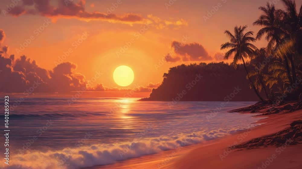 Tranquil Sunset Over Tropical Beach with Palm Trees and Gentle Waves Tranquil Sunset Over Tropical Beach with Palm Trees and Gentle Waves
