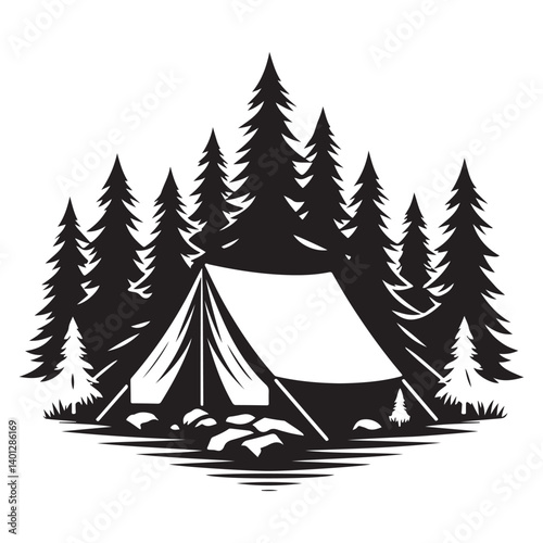 Camp Tent among Forest Trees Silhouette Vector Graphic Art