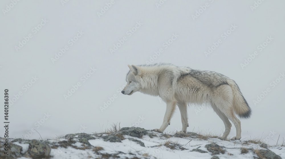 Obraz premium Arctic Wolf Walking Across Snowy Ridge in Cold Winter Landscape