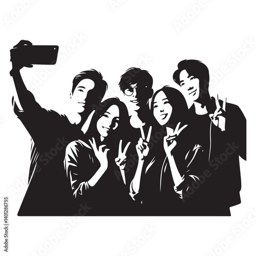 Friends Taking Selfie Silhouette Illustration Group Fun Vector Graphic