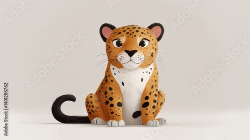 A photostock of a cartoon jaguar sitting proudly with bold black spots, isolated on a clean white background, sleek and animated, High Quality
