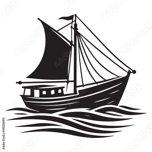 Fishing Boat Silhouette on the Sea Voyage Nautical Illustration