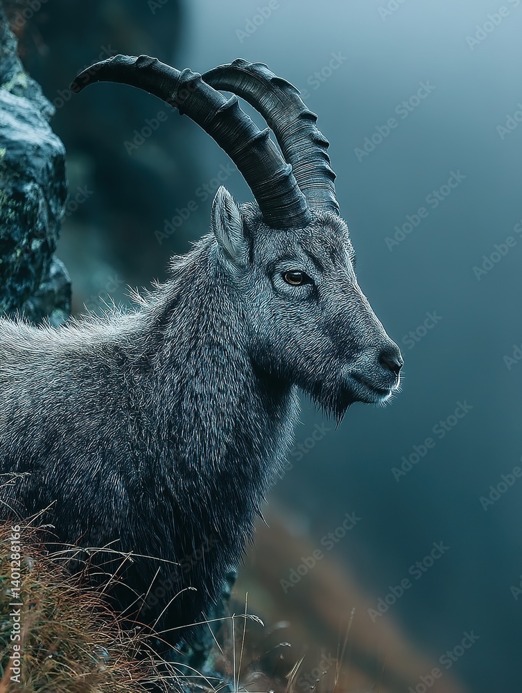 Majestic Alpine Ibex Profile with Detailed Horns in Natural Mountain Habitat Majestic Alpine Ibex Profile with Detailed Horns in Natural Mountain Habitat