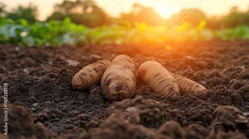 Golden Hour Harvest: Potatoes freshly unearthed in a sun-drenched field, showcasing the beauty of nature's bounty and the rewarding labor of farming.