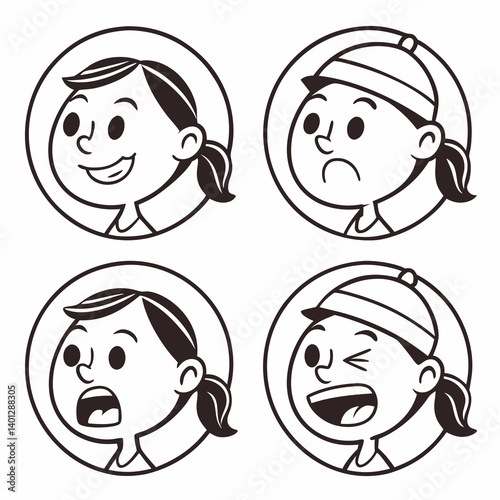 Cartoon girl with different facial expressions