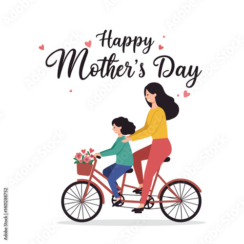 Mother and child cycling together in a cheerful flat vector illustration