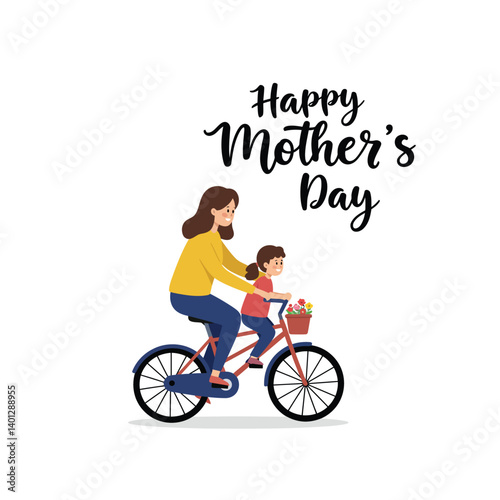 Mother and child riding bicycle in playful flat style vector illustration