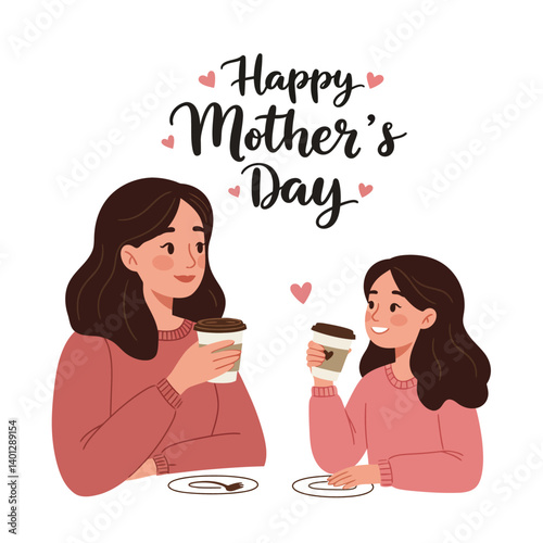 Mother and daughter enjoying coffee together in flat vector illustration