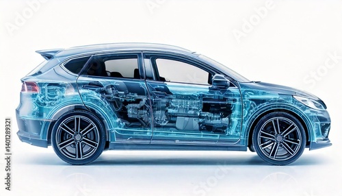 X-Ray style transparent render of a modern hybrid car, side view