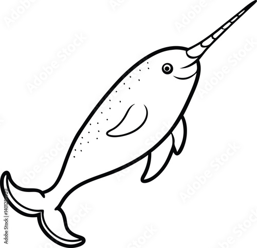 Cartoon Illustration of a Narwhal Underwater in Black and White

