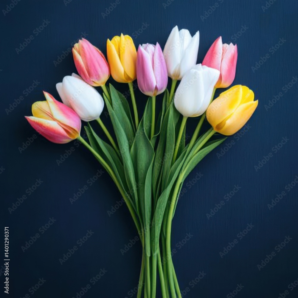 Colorful tulips bouquet lying on dark blue background Colorful tulips bouquet lying on dark blue background