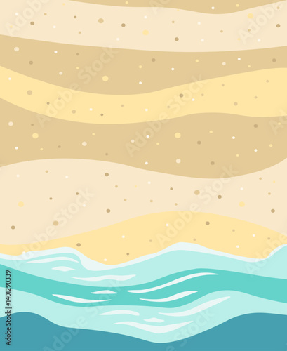 Abstract sea beach vertical background. Vector illustration of summer vacation coast with soft waves and golden sand in flat style. Nature landscape with top view.