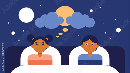 Dream Cloud Two characters lying in bed under separate blankets each staring up at a dream cloud filled with images of their time together representing shared dreams despite