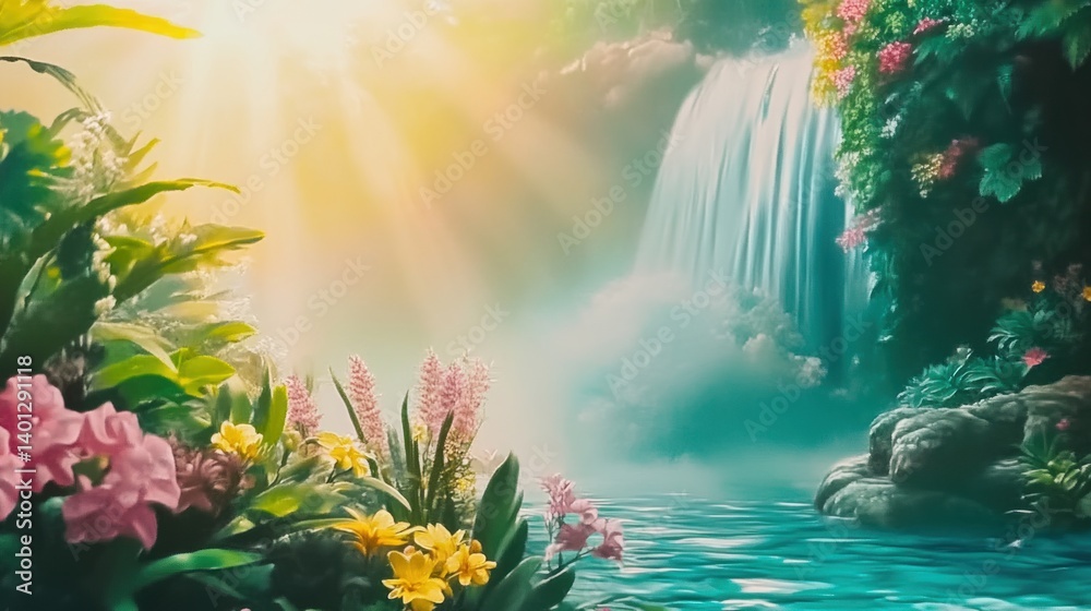 A Beautiful Landscape Featuring Waterfalls Flowers And Bright Sunlight A Beautiful Landscape Featuring Waterfalls Flowers And Bright Sunlight