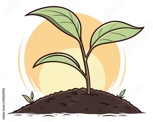 Young Plant Sprouting from Soil with Sunlight Background Illustration