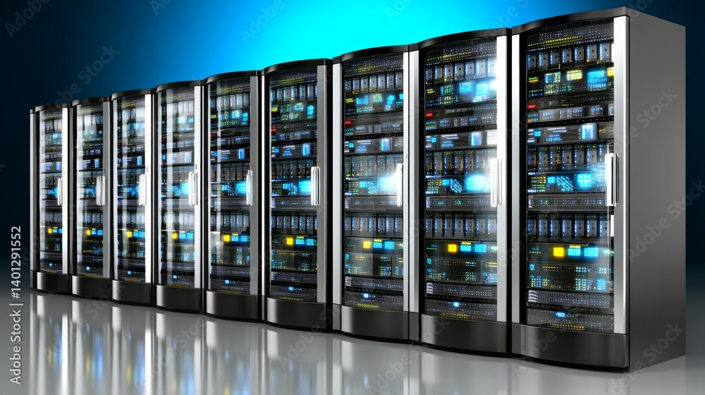 Modern data center with a series of servers in a row. Shiny, technological Modern data center with a series of servers in a row. Shiny, technological