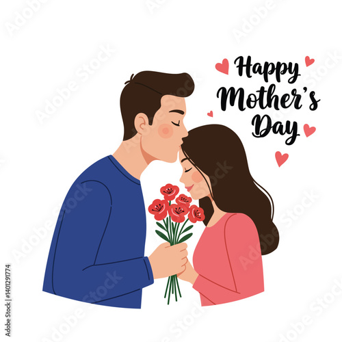 Couple sharing a kiss with flowers in flat vector art for Mothers Day