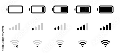 Battery, WiFi, and mobile network icons in a clean, minimal style. Ideal for apps, UI/UX, and digital interfaces. Battery icon set, wifi icons set. Network icon. Battery, WiFi, network, icons, symbol