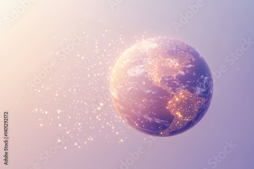 Fototapeta Naklejka Na Ścianę i Meble -  A glowing Earth at night, illuminated cities, particles radiating from it, pastel colors.