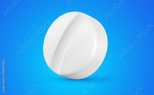 Vector illustration of realistic white color scored tablet on blue background. 3d cartoon style design of tablet. Medical icon for hospital banner