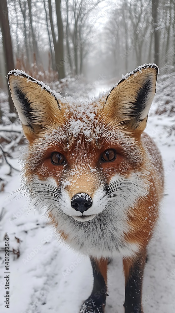Obraz premium Close up fox face surrounded by snowy forest high resolution picture