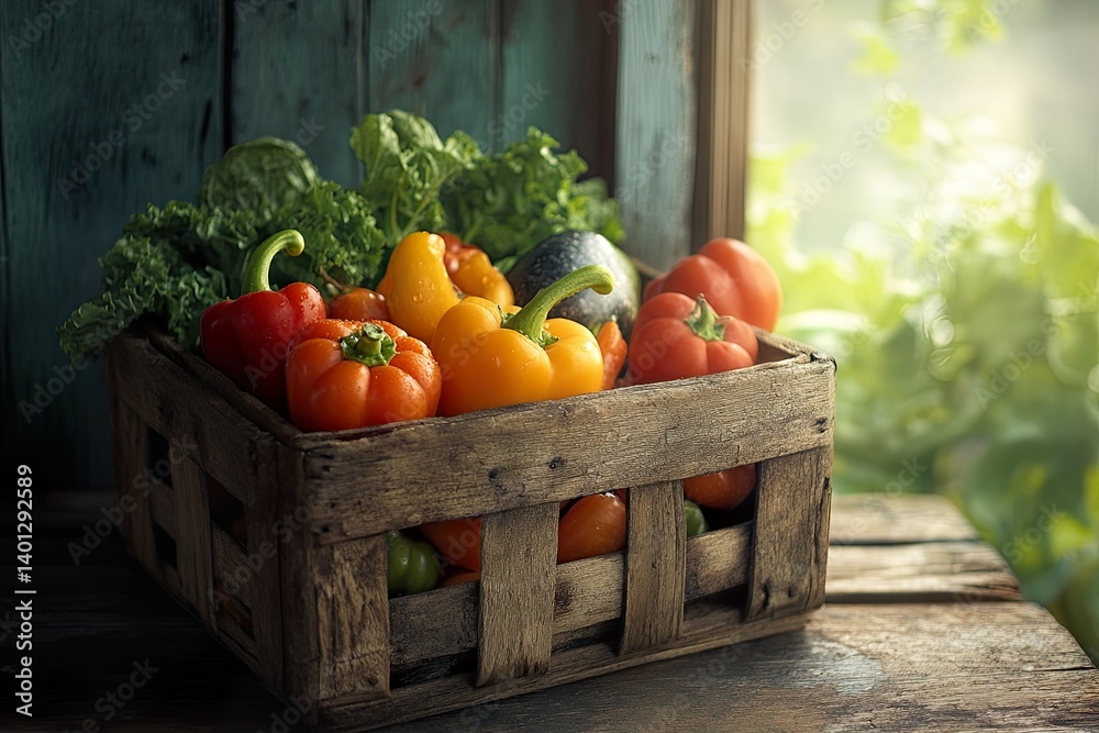 Wooden crate with colorful peppers and greens
