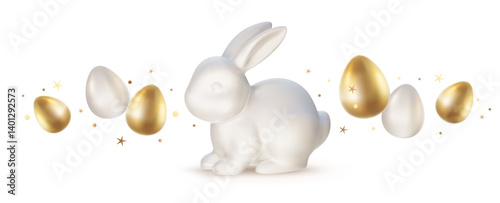 Vector illustration of realistic shine ceramic bunny and golden egg on white background. 3d cartoon style design with white rabbit and golden egg for holiday easter hunt banner