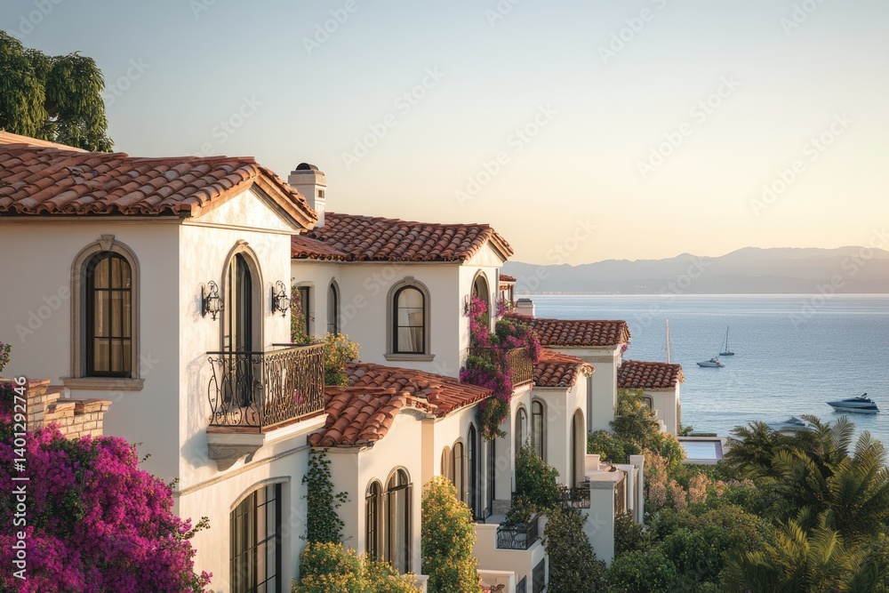 Fototapeta premium Mediterranean-style homes with terracotta roofs overlook a tranquil ocean at sunset.