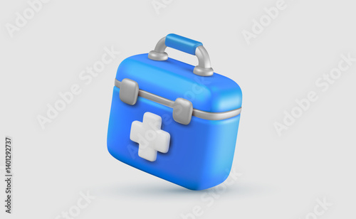 Vector illustration of realistic blue color medical box with cross on light background. 3d cartoon style design of hospital bag with white cross. Medical symbol of first aid icon for hospital banner