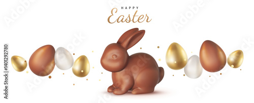 Vector illustration of realistic chocolate bunny and shine golden egg with text Happy Easter on white background. 3d cartoon style template design with chocolate rabbit and egg for easter hunt banner